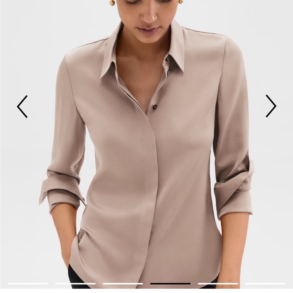 Theory Grey Gorgeous Silk Classic Fitted Collared Long Sleeve Blouse - S/M - Picture 7 of 16